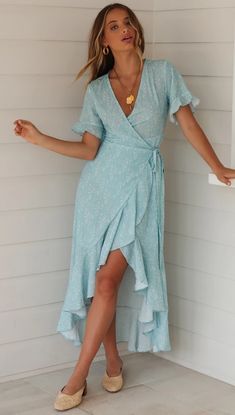 F00172821-203 Flirty V-neck Maxi Dress For Day Out, Flirty Fitted V-neck Wrap Dress, Fitted V-neck Sundress With Ruffles, Fitted Ruffled Wrap Dress For Party, Chic Fitted V-neck Sundress, Fitted Flirty Wrap Dress With Ruffles, Flirty Non-stretch Mini Dress, Knee-length Summer Wrap Dress, Fitted Maxi Sundress For Brunch