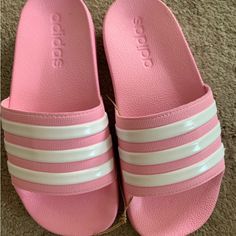 Brand New, Still In The Box Size 13k Little Girls Adidas Pink Sandals With Round Toe, Adidas Non-slip Sandals For The Beach, Adidas Slip-on Flip Flops For Summer, Adidas Non-slip Slides, Adidas Non-slip Beach Slides, Pink Adidas Cotton T-shirt, Pink Adidas, Adidas Shoes, Flip Flop Sandals