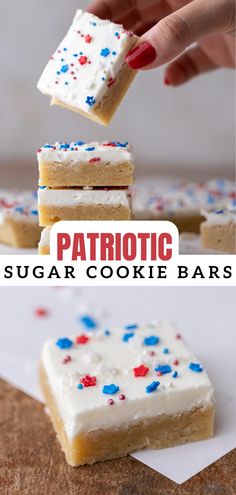 patriotic sugar cookie bars with white frosting and sprinkles