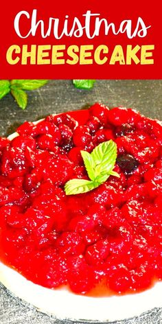 christmas cheesecake with cranberry sauce on top