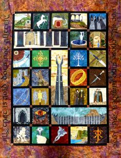 a quilt with many different pictures and words on the front, including an image of a castle