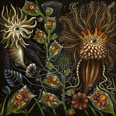 an artistic painting with sea animals and plants in the foreground, on a black background