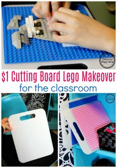 a collage of photos with legos and text that reads, $ 1 cutting board lego makeover for the classroom