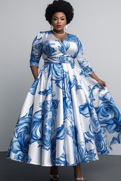 Xpluswear Design Plus Size Formal Blue Floral V Neck Long Sleeve Pleated Pocket Satin Maxi Dresses Xpluswear Long Round Dresses Kitenge, Floral Satin Dress Designs, Long African Dresses Ankara, Plus Size Apple Shape Outfits, Gawon Design, Long Classy Dresses, African Dresses For Women Church, Party Dress Classy Elegant, African Bride Dress