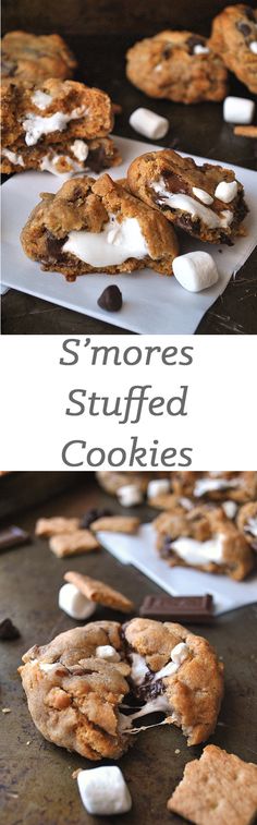 s'mores stuffed cookies with marshmallows and chocolate on the side