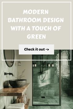 Modern bathroom with green tiles and wooden accents. Small Natural Bathroom Ideas, Grey And Green Bathroom, Tile Accent Wall Bathroom, Second Bathroom, Tile Accent Wall, Modern Bathroom Ideas