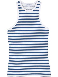 navy blue/white cotton blend horizontal stripe pattern crew neck sleeveless racerback French terry lining straight hem Casual White Tank Top With Contrast Stripes, Cotton Sleeveless Tank Top With Contrast Stripes, Sleeveless Cotton Tank Top With Contrast Stripes, Spring Sleeveless Tank Top With Contrast Stripes, White Sleeveless Tank Top With Contrast Stripes, White Sleeveless Top With Vertical Stripes, Sleeveless Summer Tank Top With Contrast Stripes, Summer Sleeveless Tank Top With Contrast Stripes, Sleeveless Tank Top With Contrast Stripes For Summer