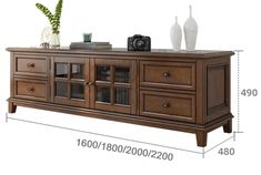 a large wooden sideboard with glass doors and drawers on the bottom, measurements for each drawer