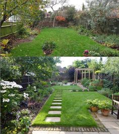 two pictures of the same garden with grass