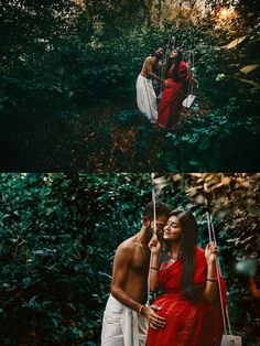 two people are standing in the woods and one is holding an umbrella while another person sits on a swing