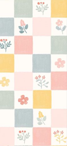 a checkerboard pattern with flowers and leaves on the side in pastel colors