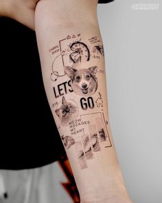 a woman with a tattoo on her arm that has pictures and words all over it