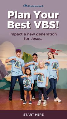 a group of people standing in front of a wall with the words plan your best vbs