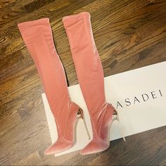 Brand New In Box Never Worn Size 38 Gorgeous Velvet Boot By Italian Designer Casadei. Color: Blush Comes With Box, Dust Bag, And Replacement Heel Covers. Over The Knee Thigh High Style With A Gold Blade Heel. These Boots Are Gorgeous And Total Show-Stoppers! Luxury Pink Fitted Boots, Luxury Fitted Pink Boots, Elegant Pink Evening Boots, Luxury Pink Party Boots, Luxury Pink Boots For Formal Occasions, Blue Knee High Boots, Velvet Thigh High Boots, Casadei Boots, Princess Makeover