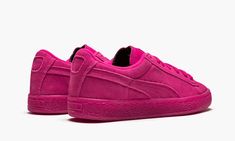 The Puma Suede Ice Fluo “Pink” is a fun, monochromatic pink colorway of the retro low-top shoe for kids.  Hardly bashful, the Puma Suede Ice Fluo “Pink” turns heads everywhere it goes thanks to its Beetroot Purple (or pink) suede upper with tonal Puma Formstripe branding on the side.  The “Puma” branding found beneath the eyelet is dipped in pink, as is the branding on the heel and on the side of the rubber midsole.  The tongue, laces, and plush cloth inner lining appear in Beetroot Purple, as a Pink Puma Sneakers For Streetwear, Pink Puma Logo Sneakers For Streetwear, Casual Pink Puma Sneakers, Monochromatic Pink, Puma Kids, Puma Suede, Stadium Goods, Pink Suede, Top Shoes