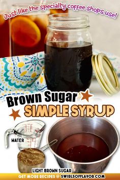 brown sugar syrup in a glass jar next to a measuring cup with liquid on it