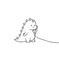 a black and white drawing of a small dinosaur with a long tail on a string