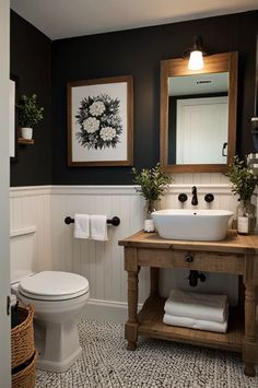 Bathroom Ideas Rustic Farmhouse, Guesthouse Bathroom Ideas, Small Bathroom Ideas Antique, Powder Bath Sink Ideas, Paneled Ceiling Bathroom, Half Bath Boho Decor, Rustic Farmhouse Powder Room, Farmhouse Style Half Bath, Guest Bathroom With Wainscotting