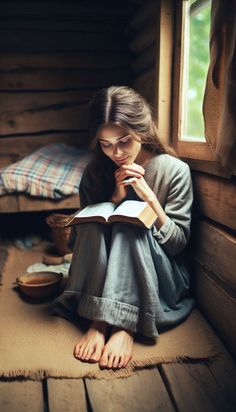 a woman sitting on the floor reading a book