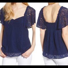 Flirty Lace Top By Hinge. Women’s Size Xs. Flutter Sleeves And Romantic Navy Blue Lace Throughout. Sweetheart Neckline. Top Has Lining. Sleeves Do Not Have Lining. Nwt. Casual Blue Top For Date Night, Empire Top, Sweetheart Neckline Top, Ruffle Top Blouses, Red Floral Blouse, Blue Lace Top, Empire Waist Tops, White Floral Blouse, Black Lace Blouse