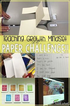 there is a collage of pictures with words on it that say teaching growth minds paper challenge