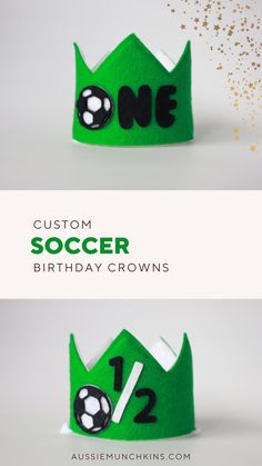 two crowns with numbers and soccer balls on them