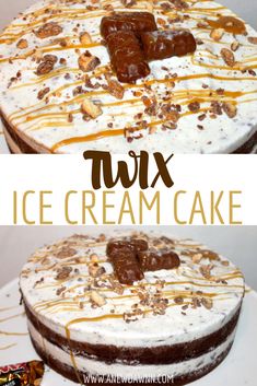 two different cakes with white frosting and caramel toppings