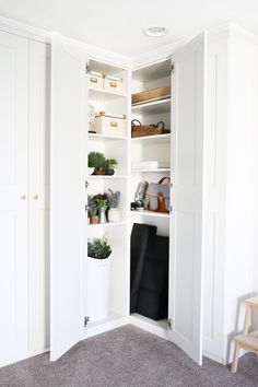 a white closet with shelves and plants in it