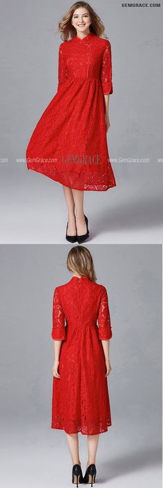 10% off now|Free shipping world-wide. L-5XL Red Lace Chipao Midi Dress with Collar at GemGrace. Click to learn our pro custom-made service for wedding dress, formal dress. View #SemiFormalDresses for more ideas. High Neck Lace Dress For Party, Elegant Red Dress With Lace Patchwork, Elegant Red Lace Patchwork Dress, Elegant Red Lace Dress With Lace Trim, Red Knee-length Lace Dress For Formal Occasions, Elegant Red Lace Midi Dress, Red Lace Knee-length Dress For Spring, Red Knee-length Lace Dress For Spring, Best Wedding Guest Dresses