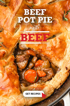 a beef pot pie with carrots and onions in it is featured on the cover of this cookbook