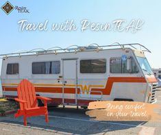 an rv parked in a parking lot with two red chairs next to it and the words travel with person af