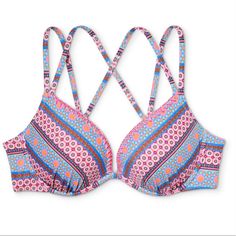 Super Cute, Brand New Bikini Top In Size 32c. This Features An Adjustable Tie Back And Padded Underwire Cups. The Print Is A Tribal, Aztec Style Pattern In Pinks, Oranges, And Blues With A Dark Blue (Nearly Black) Ground. It Should Be Super Easy To Pair These With Navy Or Black Bottoms In The Style Of Your Choice. Love The Thread-Work Across The Top Too. Pattern Is Called “Shell” This Brand Is Very Similar In Look & Quality To Victoria Secret Swim. Smoke Free Home. Always Quick Shipping Time. Padded Push-up Swimwear, Multicolor Padded Swimwear For Sunbathing, Multicolor Padded Swimwear For Beach Party, Vacation Multicolor Padded Cups Swimwear, Multicolor Padded Swimwear For Vacation, Vacation Multicolor Padded Swimwear, Multicolor Swimwear With Removable Bra Pads For Vacation, Multicolor Beachwear Swimwear With Removable Bra Pads, Multicolor Swimwear With Removable Bra Pads For Sunbathing