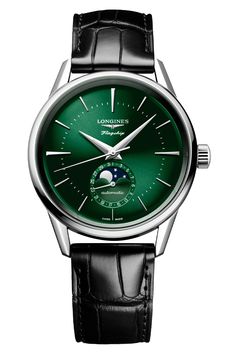 LONGINES
FLAGSHIP HERITAGE MOONPHASE Elegant Green Watch Accessories With Subdials, Green Watch With Polished Finish And Round Dial, Timeless Green Chronometer Watch, Classic Green Watch For Formal Occasions, Formal Green Watch With Polished Finish, Elegant Green Chronograph Watch, Green Chronometer Watch With Timeless Style, Green Business Chronometer Watch, Elegant Green Watch Accessories