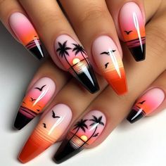 #fashion #recipe #маникюр Sunset Palm Tree Nails, Sunset Orange Nails, Palm Tree Nails Design, Sunset Nails, Fun Nail Colors, September Nails, Nude Nail Designs