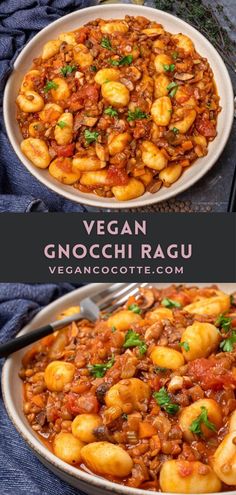 vegan gnocchi ragu in a white bowl on top of a blue cloth