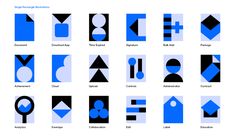 blue and black geometric shapes are arranged on a white background