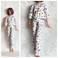 Made to fit Barbie! Your Barbie will have 'Sweet Dreams' in this 'Star' flannel pj set.  Top closes in the back or front with Velcro, at the hip pants have Velcro as well (Outfits with velcro should always be stored with velcro closed). It's an easy on and off outfit, fitting an 11 ½ inch doll such as Barbie, body styles: 2000 to present dolls with the larger waist and smaller chest Barbie Basics Model Muse Made to Move Silkstone Vintage Reproduction Barbie Collector Black Label Barbie Fashionis Barbie Body, Clothes Pajamas, Original Barbie, Barbie Basics, Retro Pants, Little Outfits, Barbie Collector, Other Outfits, San Pedro