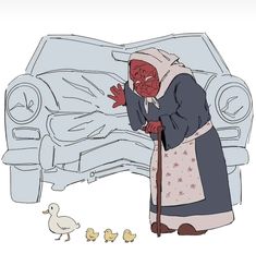 an old woman standing next to a car and ducklings