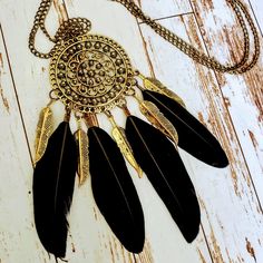 Southwestern Boho Feather Necklace In Aged Gold Tone Over Alloy Metal And Black Antiqued Accents. Long 26 Inch Chain With Lobster Clasp. Cute And Great For Multi-Layered Colorful Boho Accessories. Length: 26 Inches Black Southwestern Necklaces For Festivals, Black Southwestern Necklace For Festival, Southwestern Style Black Necklace For Festivals, Southwestern Style Black Necklace For Festival, Black Feathered Jewelry For Festivals, Southwestern Boho, Boho Feathers, Feather Necklace, Boho Accessories