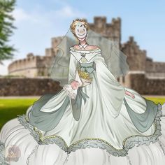 an animated image of a woman in a wedding dress with a castle in the background