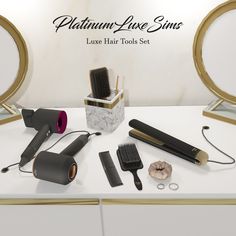 an assortment of hair tools on display in front of two mirrors with the caption's name above them