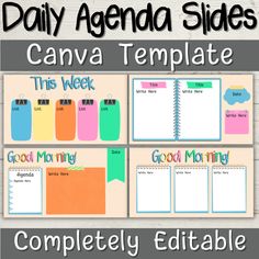 the daily agenda slides for canva template is shown with text and images on it