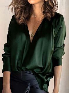 Solid Color V-Neck Long Sleeves Blouse Shirt Top INK GREEN-2XL Blouse Size Chart, Winter Blouses, Satin Bluse, Satin Long Sleeve, Loose Pullover, Spring Women, Satin Blouse, Satin Top, Elegant Shirt