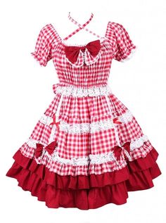 Cotton Red Plaid Ruffle Sweet Lolita Short Sleeve Dress Strawberry Clothing, Cute Red Dresses, Flannel Dress, Sweet Lolita, Red Outfit, Kawaii Clothes, Lolita Dress, Red Bow, Short Sleeve Dress