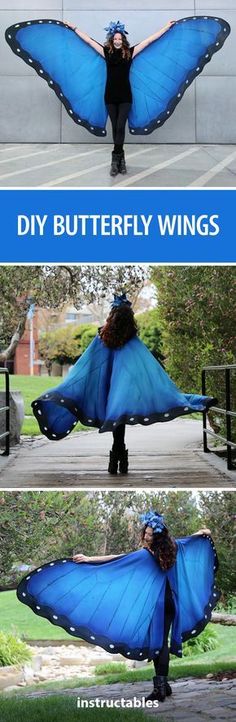 a woman is holding a blue butterfly wings in front of her face and the words diy butterfly wings on it