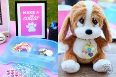 a stuffed dog sitting on top of a table next to other toys and items in plastic containers