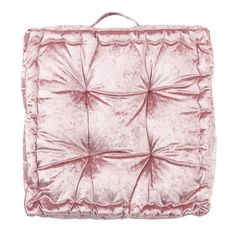 pink velvet square cushion with ruffled edges