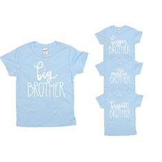 This listing is for one of our big brother tshirts.  The coordinating little brother bodysuits are sold separately, on their own or as part of coming home outfits.  ** About the Designs ** Our designs are exclusive to this shop.   All of the designs are not from a font, they were hand-lettered by an artist.   **About the shirt **  Size chart in listing.  Designs are applied via screen print transfers with a professional grade heatpress.  They have a matte finish and will withstand many washes. * Big Brother Tshirts Boys, Big Brother Tshirts, Big Brother Announcement, Big Brother Shirt, Boys Tops, Brother Shirts, Big Photo, Little Brother, Home Outfit