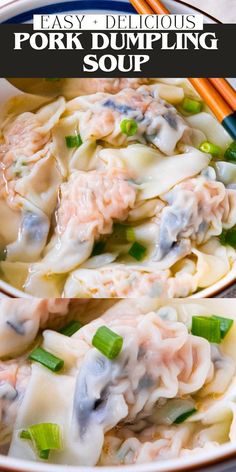 an image of pork dumpling soup with chopsticks