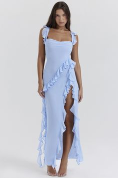 Clothing : Maxi Dresses : 'Ariela' Soft Blue Ruffle Maxi Dress Babyshower Dress, Celine Dress, Ruched Maxi Dress, Marine Uniform, Prom Dress Inspiration, Sleeveless Dresses, Chiffon Ruffle, Chiffon Maxi, House Of Cb